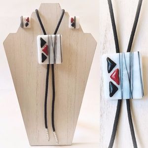 VTG Bolo Tie & Earrings Abstract Art Glass Red Black White